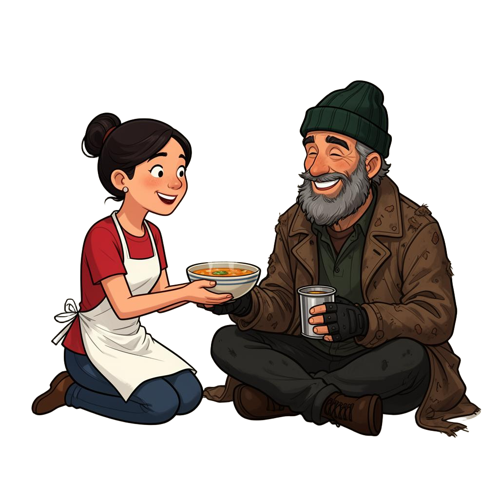 Volunteer in an apron handing a warm bowl of soup to a smiling person on the street