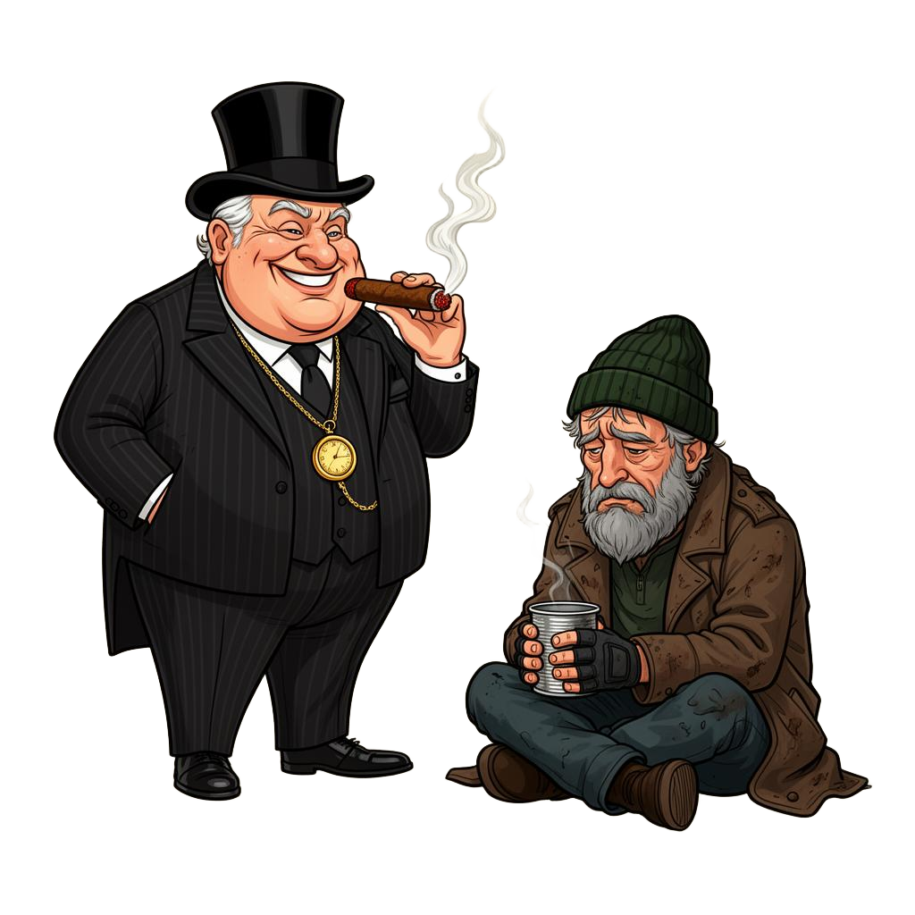 Caricature of a wealthy executive ashing his cigar into a homeless person's cup
